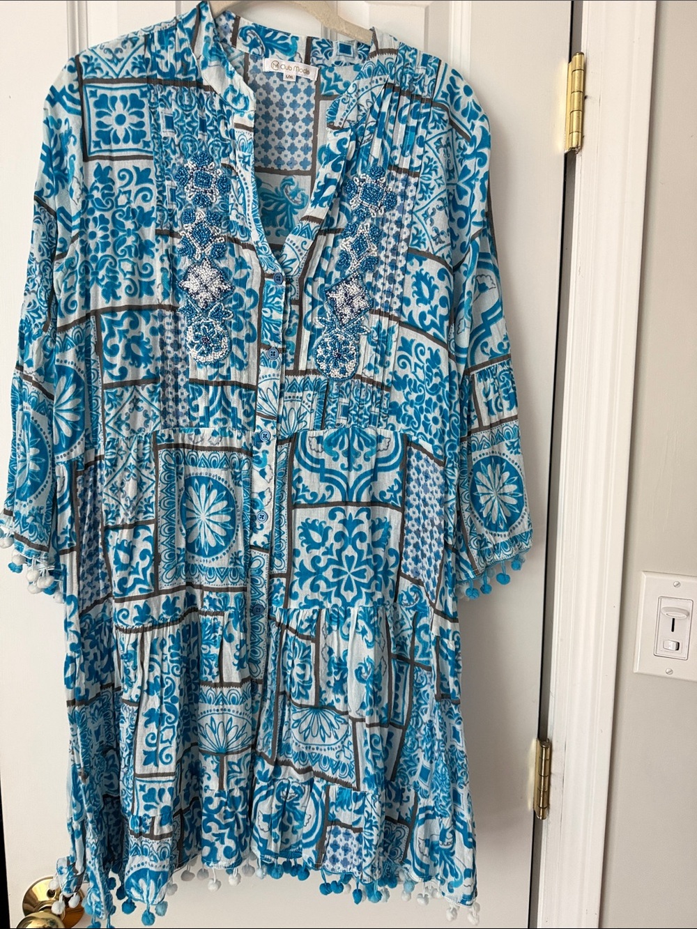 Club Moda Blue Tile-Print Mini Dress with beaded details L/XL